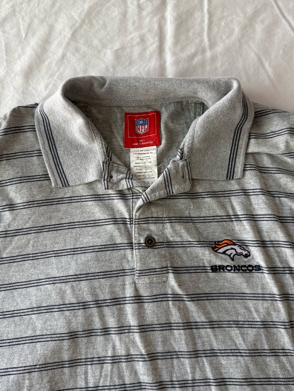 Vintage Denver Broncos NFL Polo Shirt Men's Size Large Grey Striped